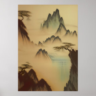 Póster Montañas De Pintura Y Cascada Chinas