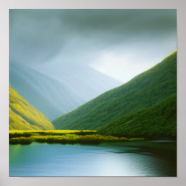 Póster Montañas de primavera a orillas de un Poster fluvi