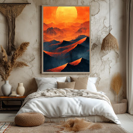 Póster Montañas de puesta de sol ardiente en naranja mono