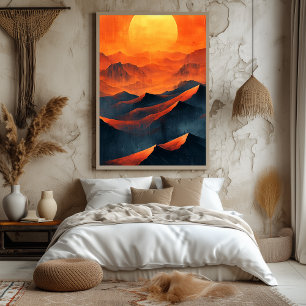 Póster Montañas de puesta de sol ardiente en naranja mono