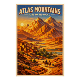 Póster Montañas del Atlas, Marruecos, en un clásico retro