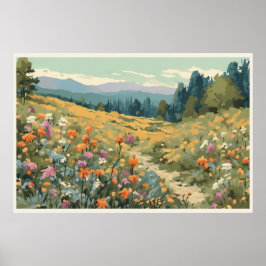 Póster Montañas del Campo de las Flores Silvestres Escena