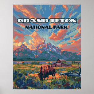 Póster Montañas del parque nacional del Gran Tetón Bison