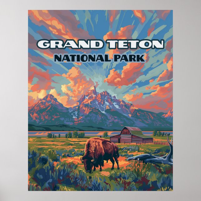 Póster Montañas del parque nacional del Gran Tetón Bison  (Frente)