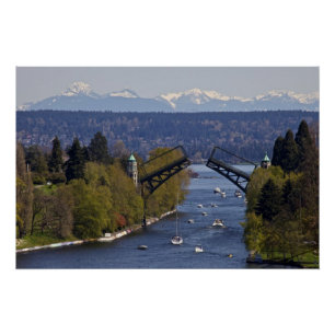 Póster Montañas del puente y de la cascada de Montlake