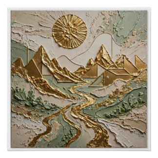 Póster Montañas Doradas Río Dorado Arte 3D