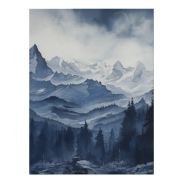 Póster Montañas empantanadas y pinos en acuarela azul