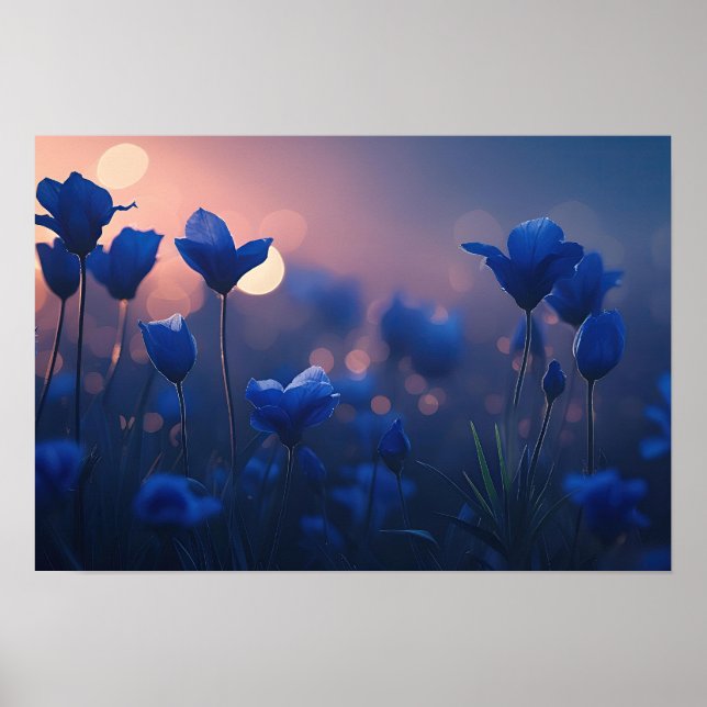 Póster Montañas geométricas azules al atardecer (Frente)