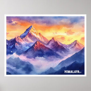 Póster Montañas Himalaya Sunrise acuarela