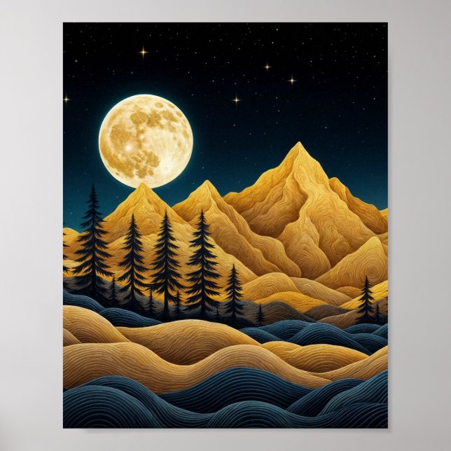 Póster Montañas iluminadas por la luna y bosque de pinos (Frente)