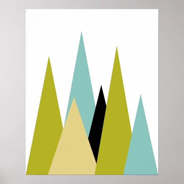 Póster Montañas Mid Century Verde Turquesa Amarillo Negro (Frente)
