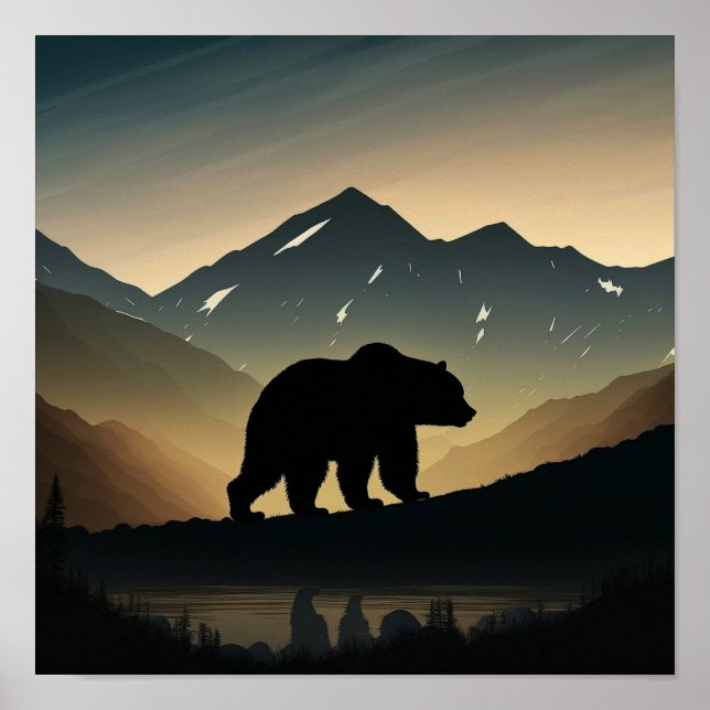 Póster Montañas minimalistas y silueta de oso negro (Frente)