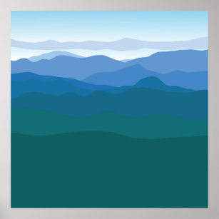 Póster Montañas Montañas Vista Azul Verde Ilustrado