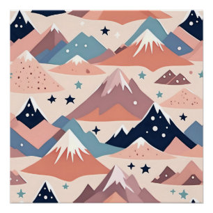 Póster Montañas nevadas y patrón de estrellas rosadas lin