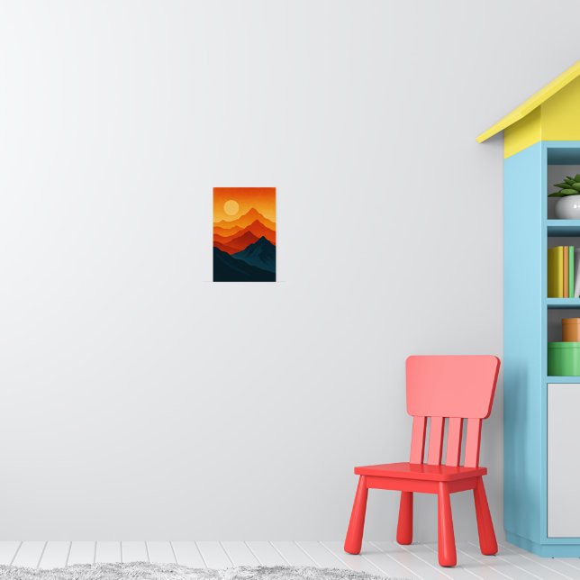 Póster Montañas paisaje retro ilustracion azul rojo (Guardería 1)