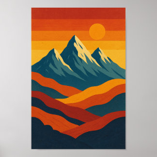 Póster Montañas paisaje retro ilustracion azul rojo