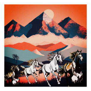 Póster Montañas paisajísticas minimalistas y caballos de