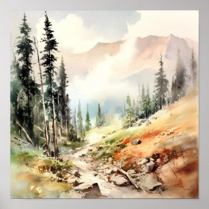 Póster Montañas Rocosas Pintando Bosque de Pino Humeante