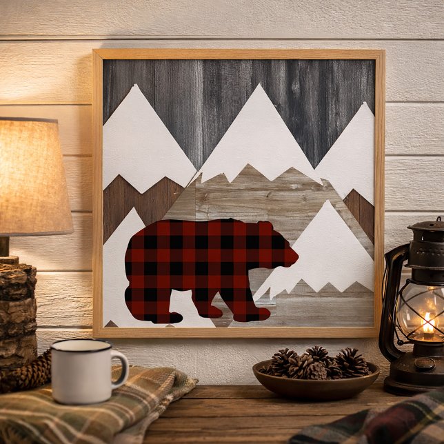 Póster Montañas Rústicas Cuadro de Búfalo Bosque Oso (Rustic buffalo plaid bear and mountains wall art)