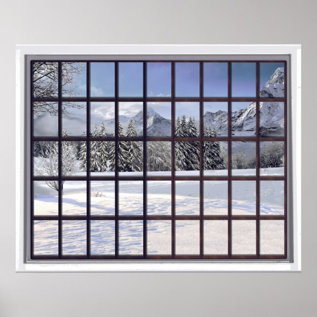 Póster Montañas Snowy Faux Winter Scene Window (Frente)