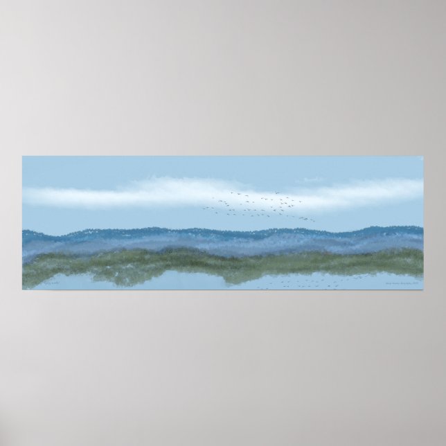 Póster montañas "volando al norte" con pájaros y lago (Frente)