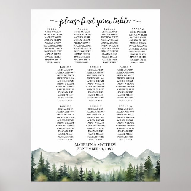 Póster Montañas y pinos 10 mesas Boda asientos (Frente)