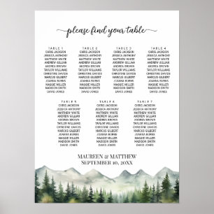 Póster Montañas y pinos 7 mesas Boda asientos