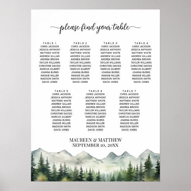 Póster Montañas y pinos 7 mesas Boda asientos (Frente)
