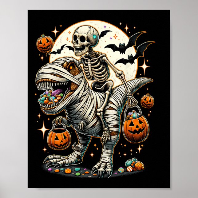 Póster Montar a la momia Dinosaurio T Niños Rex Halloween (Frente)