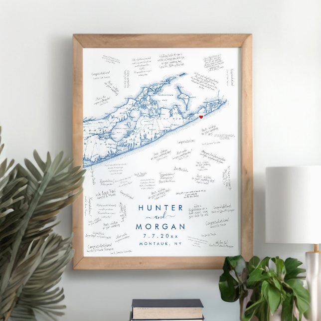 Póster Montauk Hamptons Boda Poster moderno de libros de  (This Hamptons map alternative guest book poster is perfect for your Montauk destination wedding.)