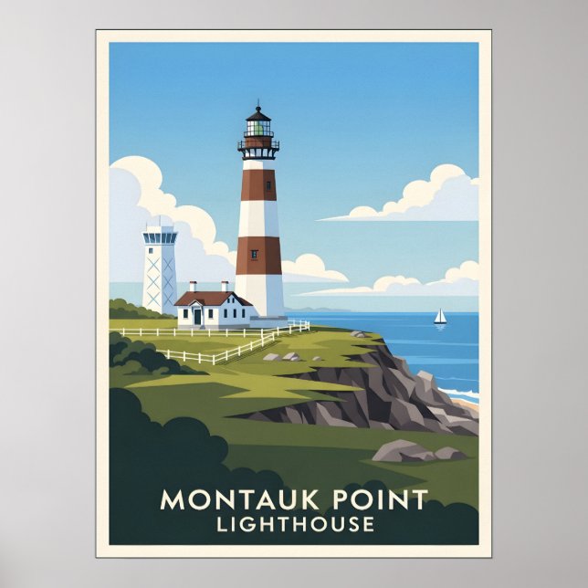 Póster Montauk Point Lighthouse, Coastal Cliff & Sailboat (Frente)