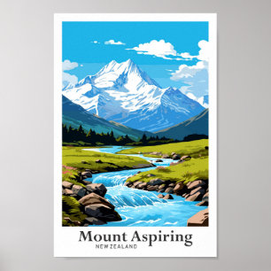 Póster Monte Aspirando Ilustracion de Viajes de Nueva Zel