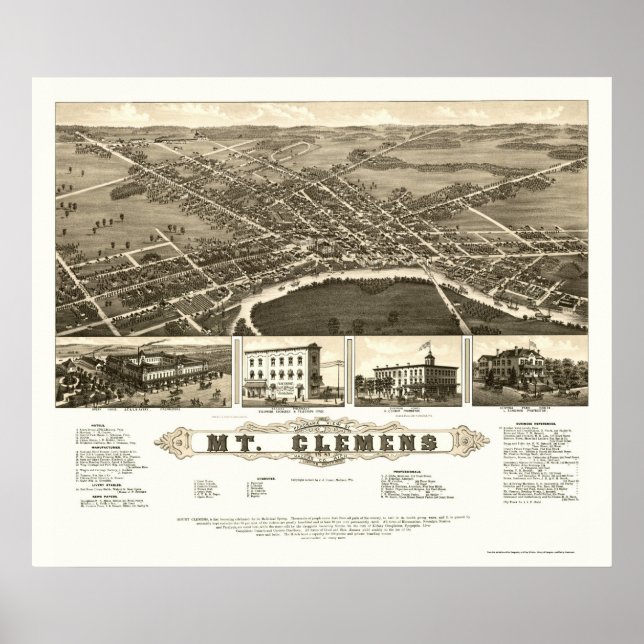 Póster Monte Clemens, Mapa Panorámico MI - 1882 (Frente)