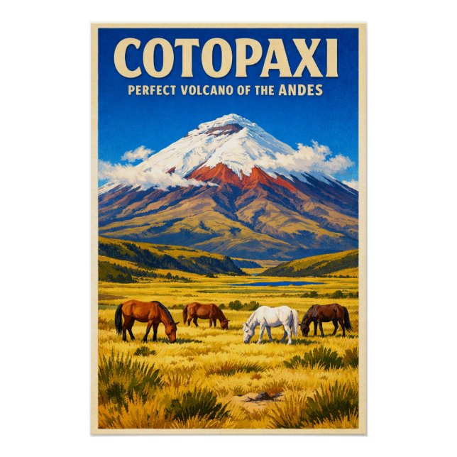 Póster Monte Cotopaxi, Ecuador, en estilo retro (Anverso)