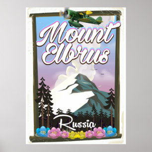 Póster Monte Elbrus, afiche de viajes ruso
