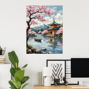 Póster Monte Fuji con flores de cerezo