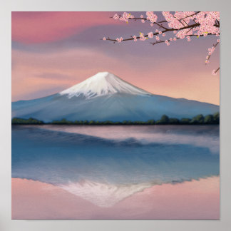 Póster Monte Fuji con flores de cerezo