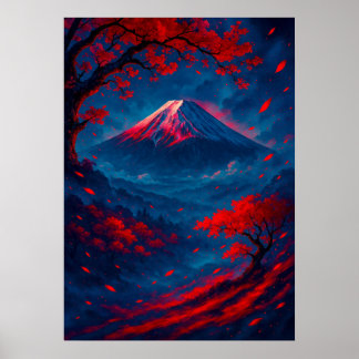 Póster Monte Fuji con flores rojas en japonés