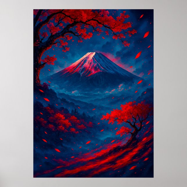 Póster Monte Fuji con flores rojas en japonés (Frente)