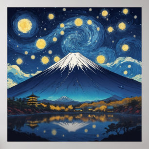 Póster monte fuji en noche estrellada