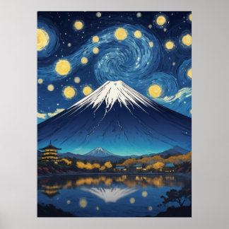Póster monte fuji en noche estrellada