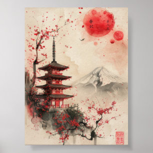 Póster Monte Fuji y Pagoda – Paisaje Japonés Clásico
