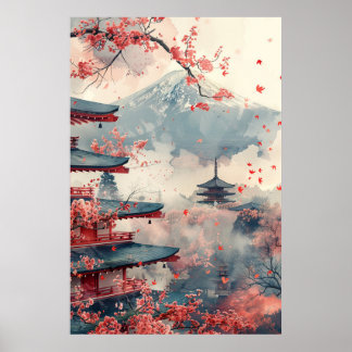 Póster Monte Fuji y Pagoda – Paisaje Japonés Clásico