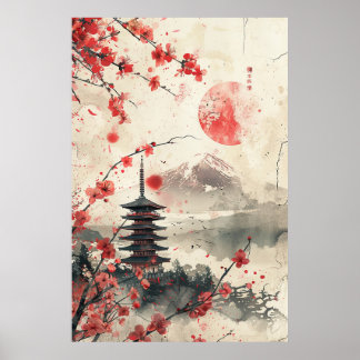 Póster Monte Fuji y Pagoda – Paisaje Japonés Clásico