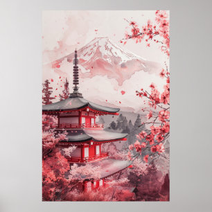 Póster Monte Fuji y pagoda: paisaje japonés clásico