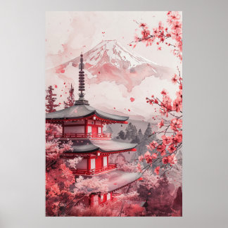 Póster Monte Fuji y pagoda: paisaje japonés clásico