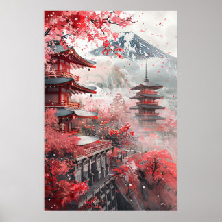 Póster Monte Fuji y Pagoda – Paisaje Japonés Clásico
