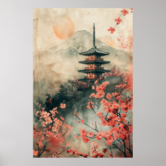 Póster Monte Fuji y Pagoda – Paisaje Japonés Clásico