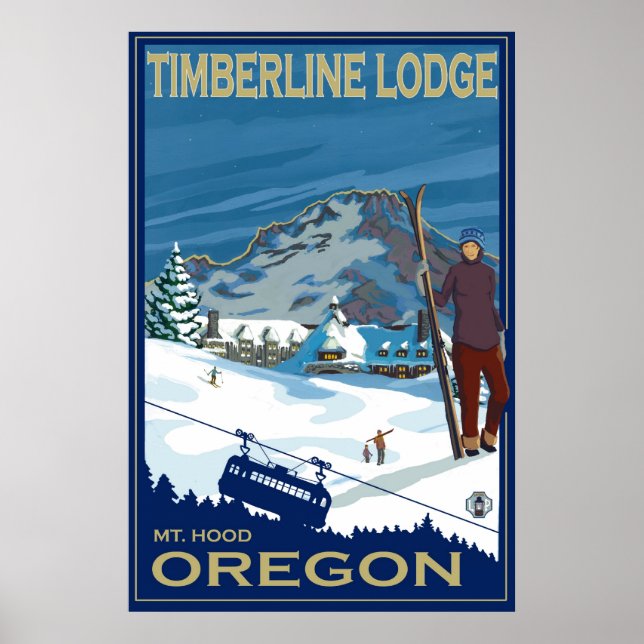 Póster Monte Hood, Poster de esquí de Oregon - Timberline (Frente)