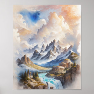 Póster Monte Olimpo en una majestuosa pintura acuarela